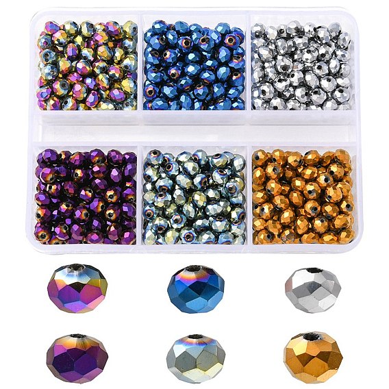 600pcs 6 couleurs galvanoplastie perles de verre transparentes, plein plaqué, facette, rondelle