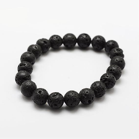 Bracelets extensibles à perles rondes en pierre de lave naturelle