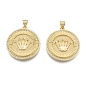 Brass Micro Pave Clear Cubic Zirconia Pendants, Flat Round with Crown
