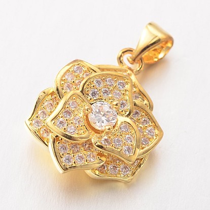 Flower Brass Micro Pave Cubic Zirconia Charms, Lead Free & Nickel Free, 18x15x7mm, Hole: 3x4mm