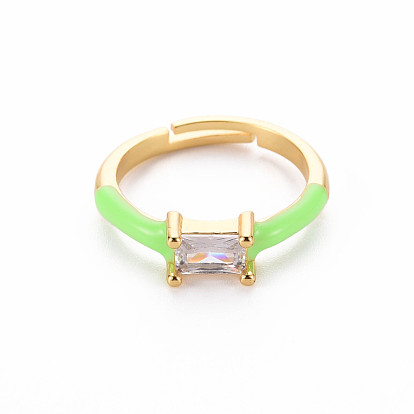Brass Enamel Cuff Rings, Open Rings, with Clear Cubic Zirconia, Nickel Free, Rectangle, Golden