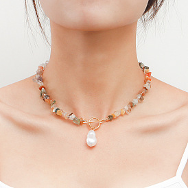 Colorful Turquoise Statement Necklace with Large Irregular Pearl Clasp for Women