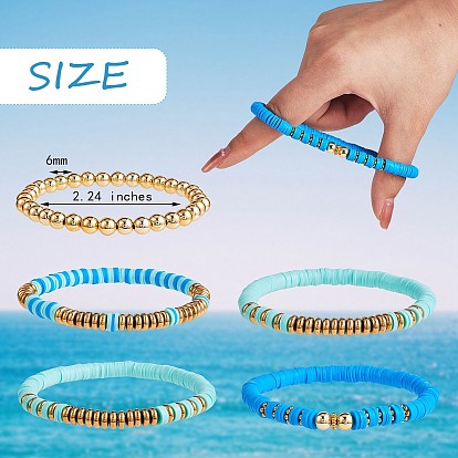 Ensemble de bracelets extensibles de perles heishi en argile polymère et hématite synthétique, bracelets perles rondes plaqué or pour femme