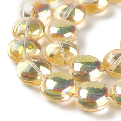 Transparent Electroplate Glass Bead Strands, Half Rainbow Plated, Flat Round
