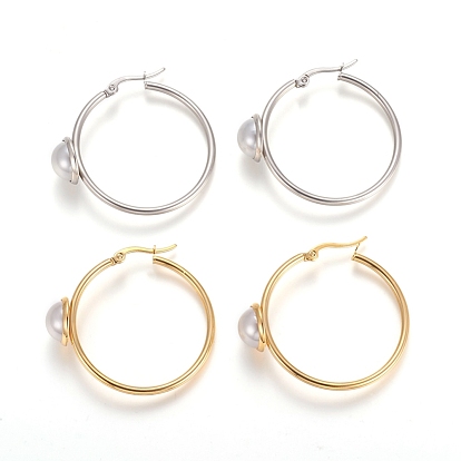 304 boucles d'oreilles en acier inoxydable, avec de l'acrylique perle d'imitation, anneau