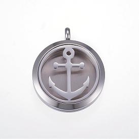 304 Stainless Steel Diffuser Locket Pendants, with Magnetic Clasp, Flat Round with Anchor
