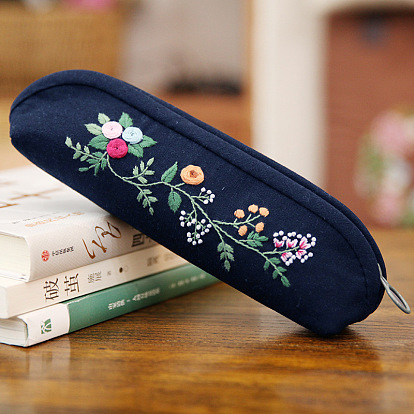Kit de bordado de caja de lápiz de patrón de flor de bricolaje, incluyendo agujas de bordar e hilo, tela de algodón, aro de bordado de plástico