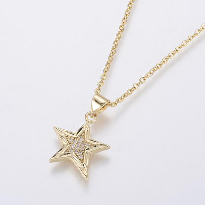 Stainless Steel Pendant Necklaces, with Brass Micro Pave Cubic Zirconia Pendants, Star