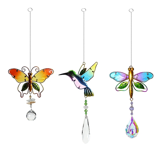 Crystal Prisms Hanging Suncatcher, Glass Window Sun Catcher Pendant Decorations, with Iron Findings, Butterfly/Dragonfly/Bird Pattern
