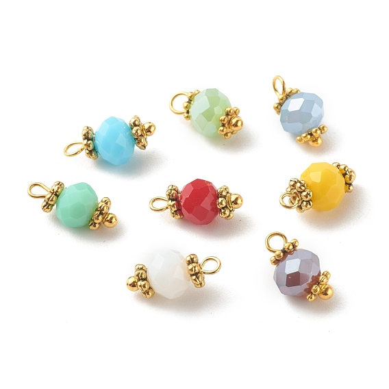 Faceted Imitation Jade Glass Charms, with Alloy Flower Daisy Spacer Beads and Brass Findings, Rondelle