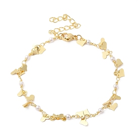 Brass Heart & ABS Plastic Pearl Beaded Link Chain Bracelets for Women