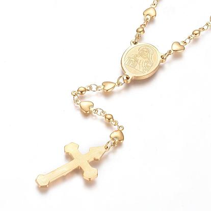 Crucifix Cross with Oval Rosary Bead Necklace, 304 Stainless Steel Necklace for Easter, 18.9 inch(48cm)