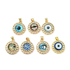 Real 18K Gold Plated Brass Pendants, with Glass and Acrylic, Flat Round with Evil Eye Charms