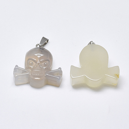 Natural Agate Pendants, with Stainless Steel Snap On Bails, Skull, Stainless Steel Color