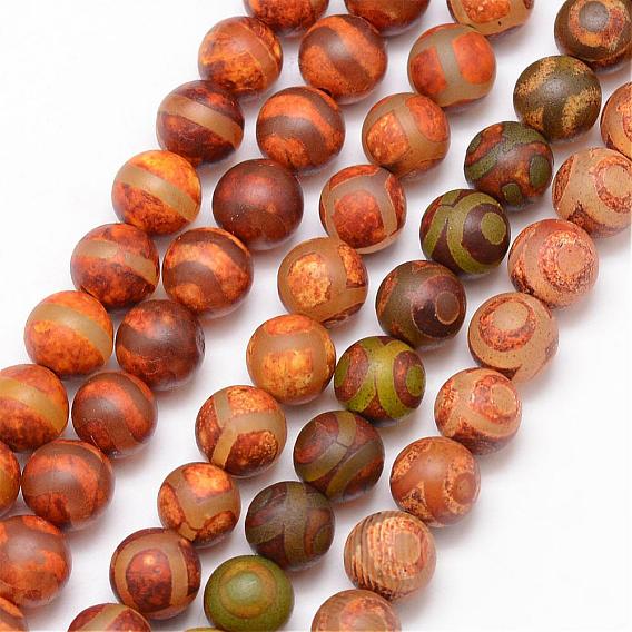 Tibetan Style dZi Beads, Natural Agate Bead Strands, Round, Matte Style, Dyed & Heated
