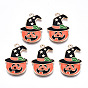 Alloy Enamel Pendants, Halloween, Cadmium Free & Lead Free, Pumpkin with Hat, Light Gold