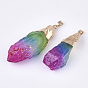 Electroplate Natural Quartz Crystal Big Pendants, with Iron Findings, Dyed, Nuggets, Golden
