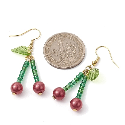 Acrylic & Glass Beaded Cherry Dangle Earrings, Iron Long Drop Earrings