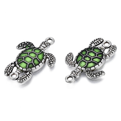 Antique Silver Tone Alloy Connector Charms, with Enamel, Sea Turtle