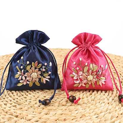 Flower Pattern Satin Jewelry Packing Pouches, Drawstring Gift Bags, Rectangle