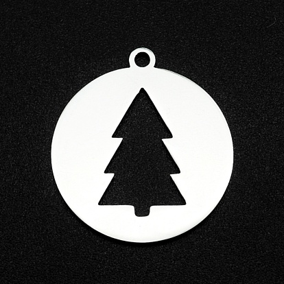 Pendentifs de Noël 201 en acier inoxydable, Coupe au laser, creux, Plat rond avec arbre de noel