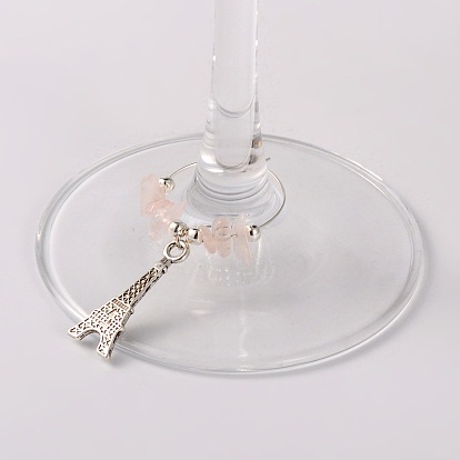 Pierres précieuses charmes de verre à vin, avec pendentif tour eiffel en alliage de style tibétain, billes de fer et boucles d'oreilles en laiton cerceau, platine, 58 mm, broches: 0.7 mm