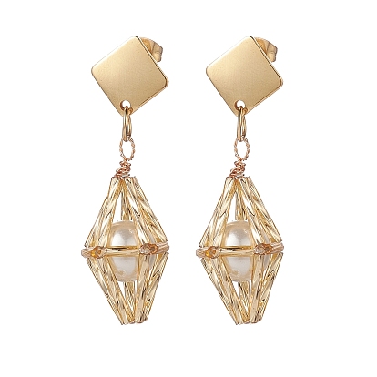 5 Pairs 5 Style Shell Pearl Beaded Dangle Stud Earrings, 304 Stainless Steel Geometry Long Drop Earrings for Women