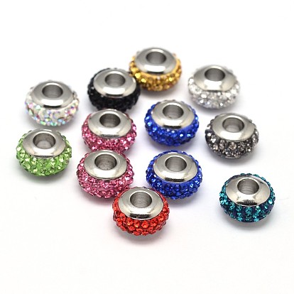 Rondelle 304 Stainless Steel Polymer Clay Rhinestone European Beads, with Double Side Platinum Color Core, Stainless Steel Color, 10x6mm, Hole: 4mm