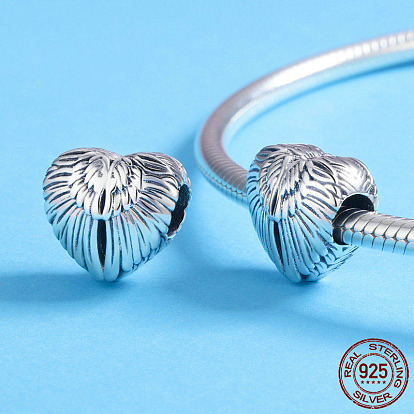 925 Sterling Silver European Beads, Large Hole Beads, Heart with Wing