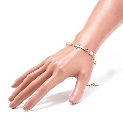 201 bracelet à maillons croisés en acier inoxydable avec chaînes de perles naturelles pour femme