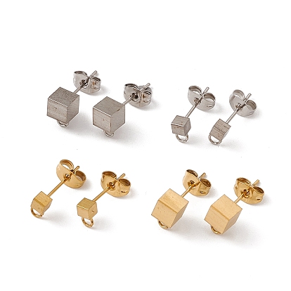 304 Stainless Steel Stud Earring Findings, with Ear Nuts and Horizontal Loops, Cube