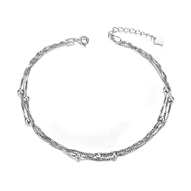 SHEGRACE 925 Sterling Silver Layered Anklets, Small Beads, Platinum, 210mm