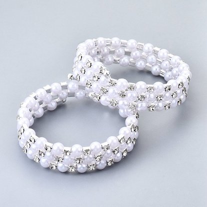 Three Loops Iron Wrap Bracelets, with Rhinestone and ABS Plastic Imitation Pearl, Platinum