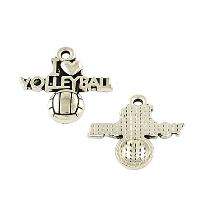 Tibetan Style Alloy Message Pendants, Sports Charms, I Love Volleyball, Cadmium Free & Lead Free, 19x20.7x3mm, Hole: 2mm, about 333pcs/500g