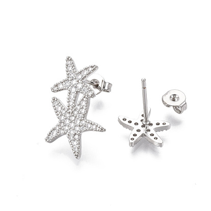 Brass Micro Pave Clear Cubic Zirconia Stud Earrings, Asymmetrical Earrings, with Ear Nuts, Nickel Free, Sea Star/Starfish