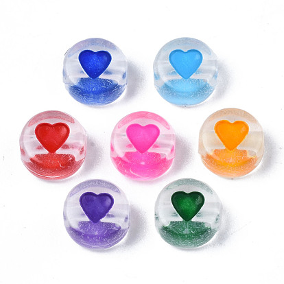 Perles en émail acrylique transparent, plat et circulaire avec coeur