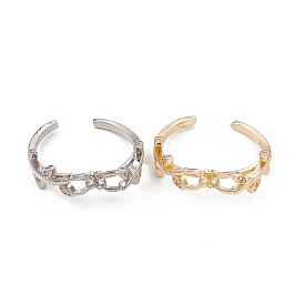Rack Plating Brass with Clear Cubic Zirconia Open Cuff Ring Settings, for Half-drilled Beads, Long-Lasting Plated, Flower with Leaf
