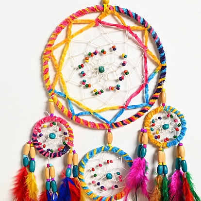 Плетеная сетка/паутина с подвеской из перьев, с железным кольцом и бусинами, вязание