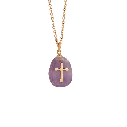 Gemstone Oval with Cross Pendant Necklace, Stainless Steel Jewelry for Women, Golden
