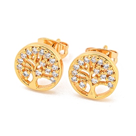 Brass Micro Pave Cubic Zirconia Stud Earrings, Tree of Life