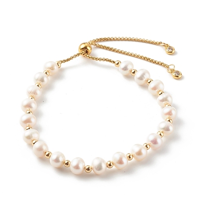 Round Natural Pearl Slide Bracelets, Bolo Bracelets, with 304 Stainless Steel Box Chains, Golden