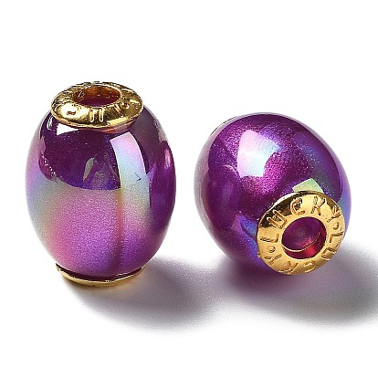Perles européennes en acrylique plaqué irisé arc-en-ciel, perles de paillettes, Perles avec un grand trou   , avec les accessoires en alliage de tonalité d'or, baril avec mot chanceux