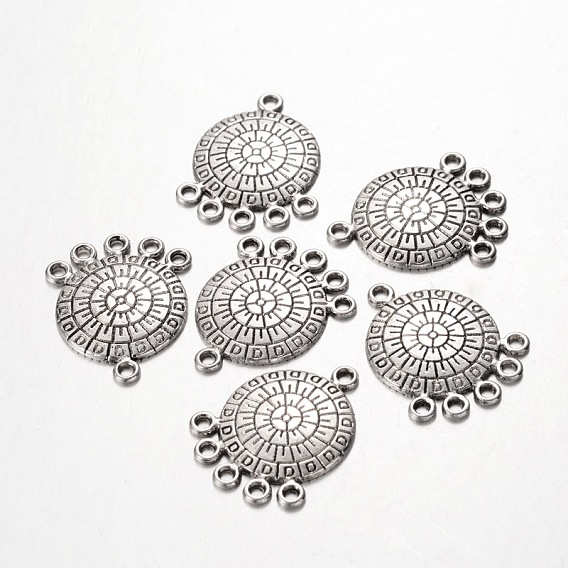 Alliage de style tibétain sculpté plates connecteurs chandeliers rondes, sans plomb et sans cadmium, 26x21x2mm, Trou: 2mm