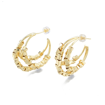 Brass Cube Beaded Crescent Moon Stud Earrings, Chunky Half Hoop Earrings for Women