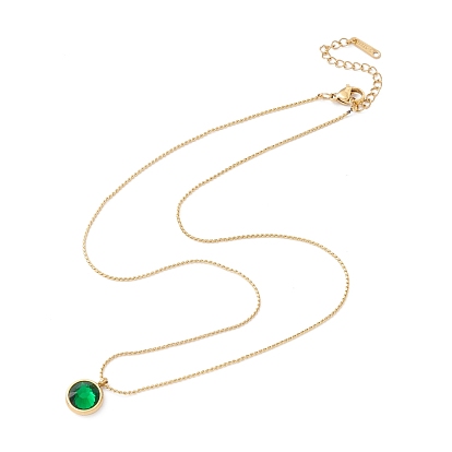 Ожерелье с плоским круглым кулоном и зеленым хрусталем папоротника, ионное покрытие (ip) 304 ювелирные изделия из нержавеющей стали для женщин