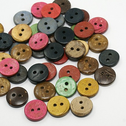 Flat Round Coconut Buttons, 2-Hole Sewing Buttons, 12.5~13x2mm, Hole: 2mm