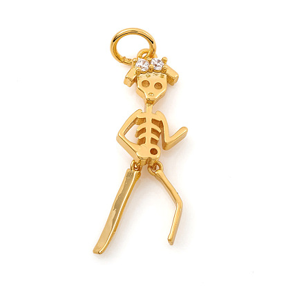 Halloween Brass Micro Pave Cubic Zirconia Pendants, with Jump Ring, Skeleton Man
