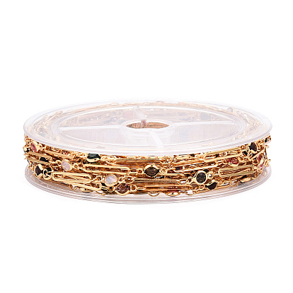 Real 16K Gold Plated Brass Oval Link Chains, with Flat Round Glass Beaded, Soldered, with Spool