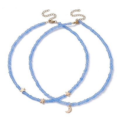 2 pcs 2 style lune et étoile en laiton et verre collier de perles ensemble pour les femmes