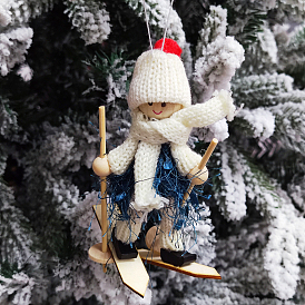Cloth & Wood Ski Doll with Hat Pendant Decorations, for Christmas Tree Hanging Ornaments